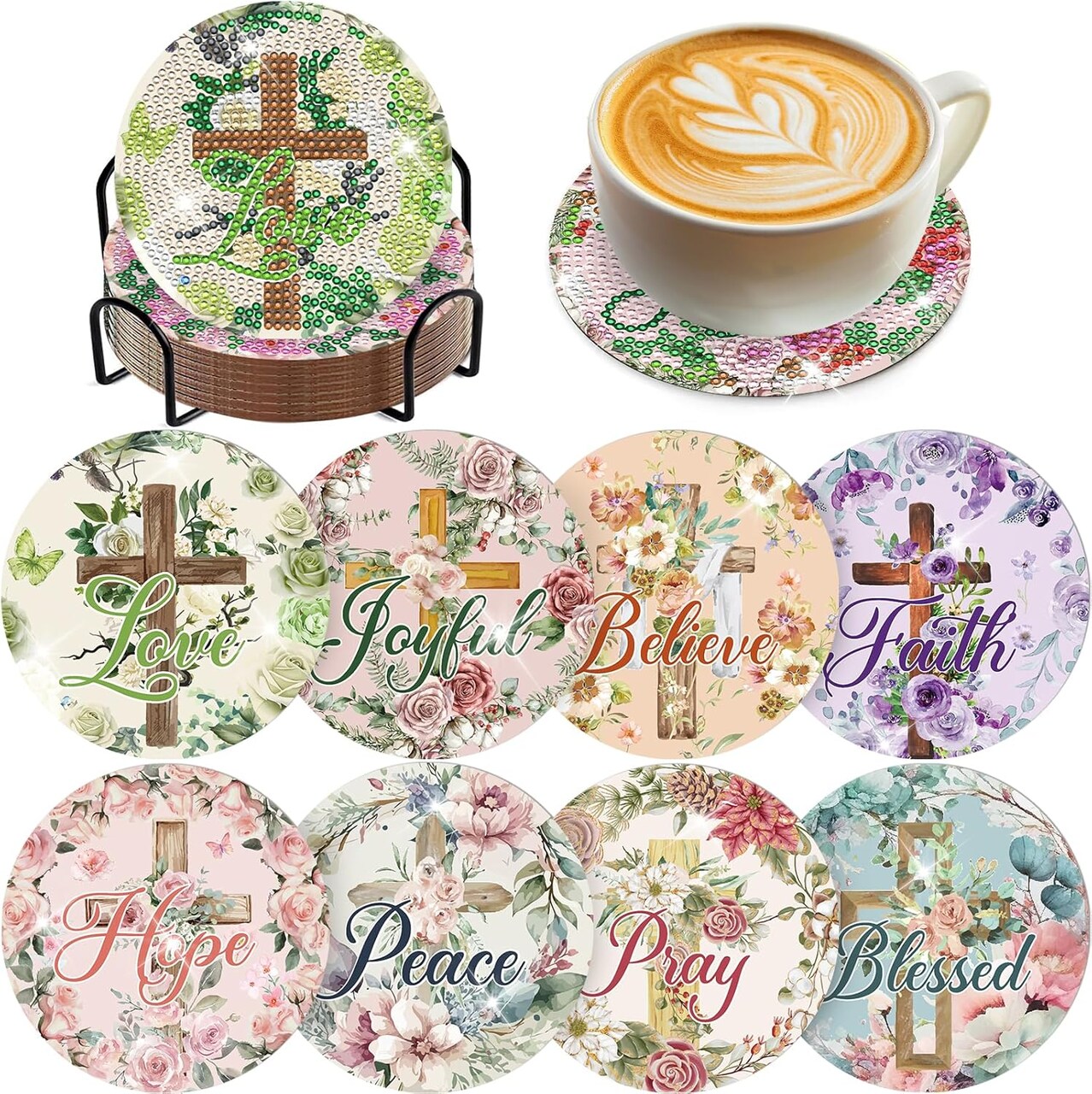 Diamond Painting Art Coaster Kit - 8 PCS Cross Christian Diamond Art Coaster Set With Bible Verse Religious Gem Art Coaster Non Slip Diamond Painting Kits Inspirational Gift for Adults Beginners Xmas